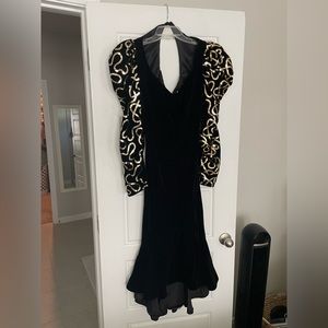80s vintage velvet black dress with puff sleeves